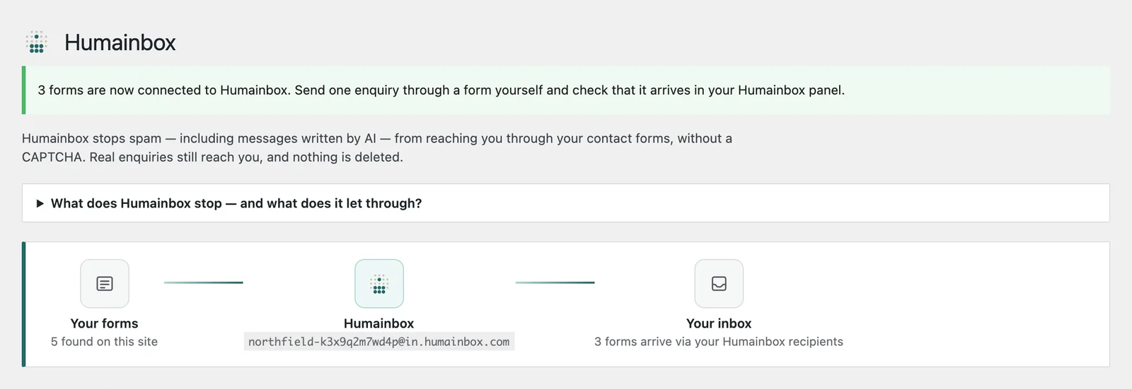 The plugin screen after connecting three forms: forms, then the inbox address, then your inbox.