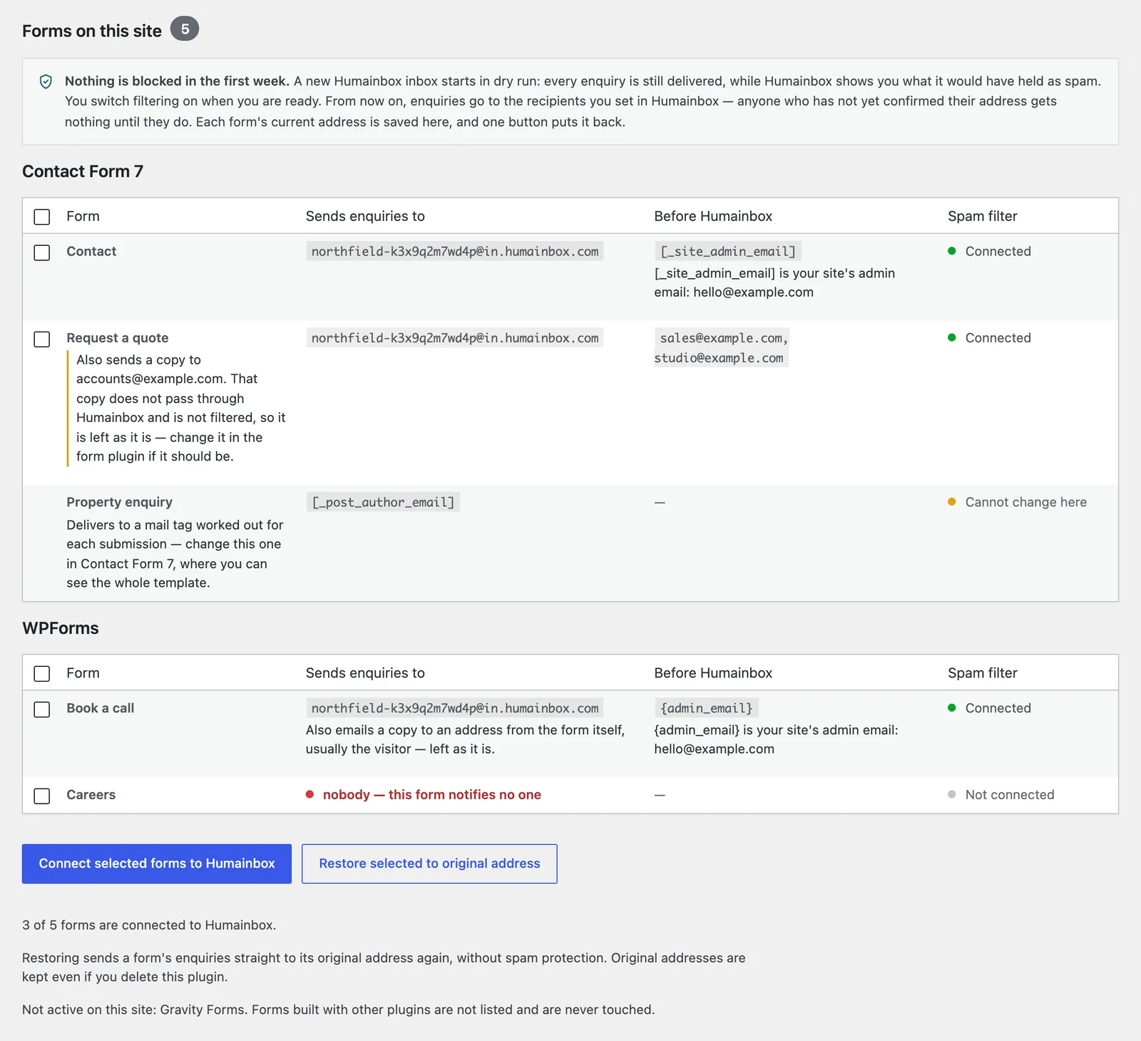 The plugin's table of forms: where each sends its enquiries now, where it sent before, and whether it is connected.
